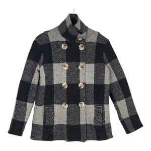 Grey Warm Wool Plaid Sweater Jacket  Shacket Mock Neck Minimalist Work Attire